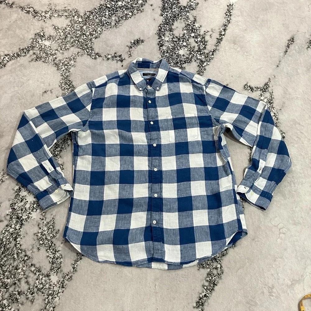 Banana Republic Camden Fit 100% Linen Blue Buffalo Plaid Shirt Men's Size XL